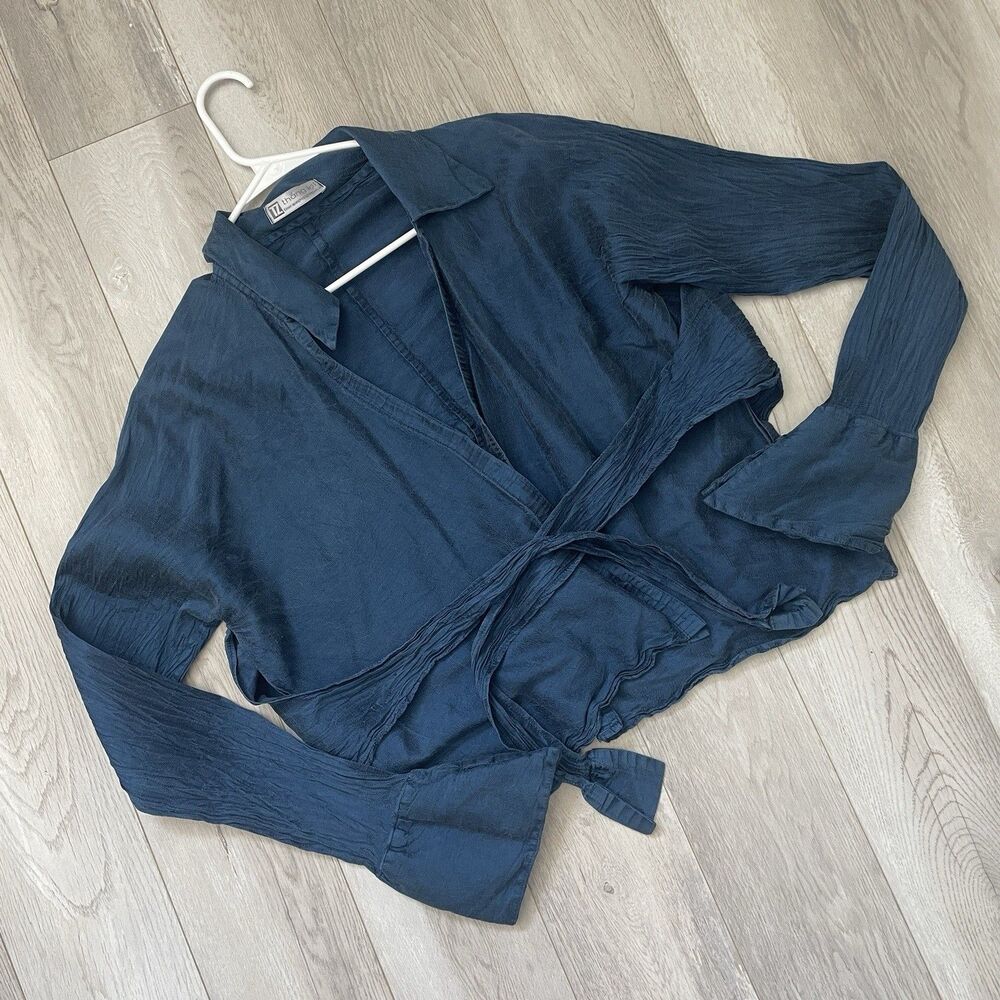 Silk Open Blouse crop long flare sleeve womens Blue (small) minimalist going out